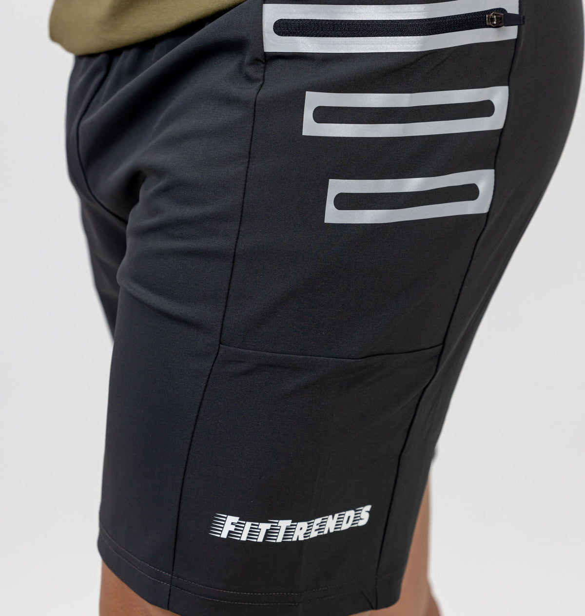 Black shorts with white logo and text on a white background