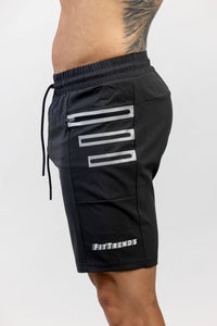 Black shorts with a logo on a white background