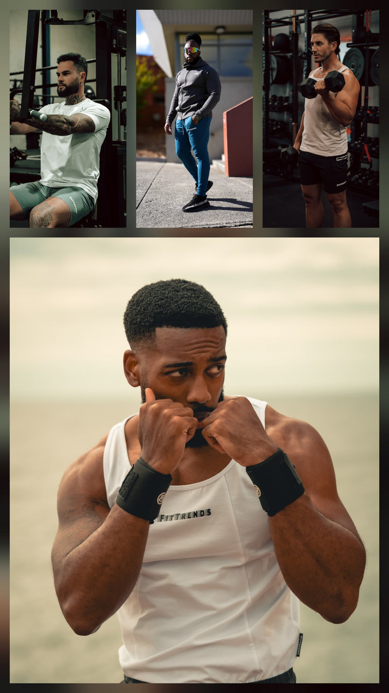 Collage of a man in various fitness poses with a focus on a close-up of him in a white tank top.