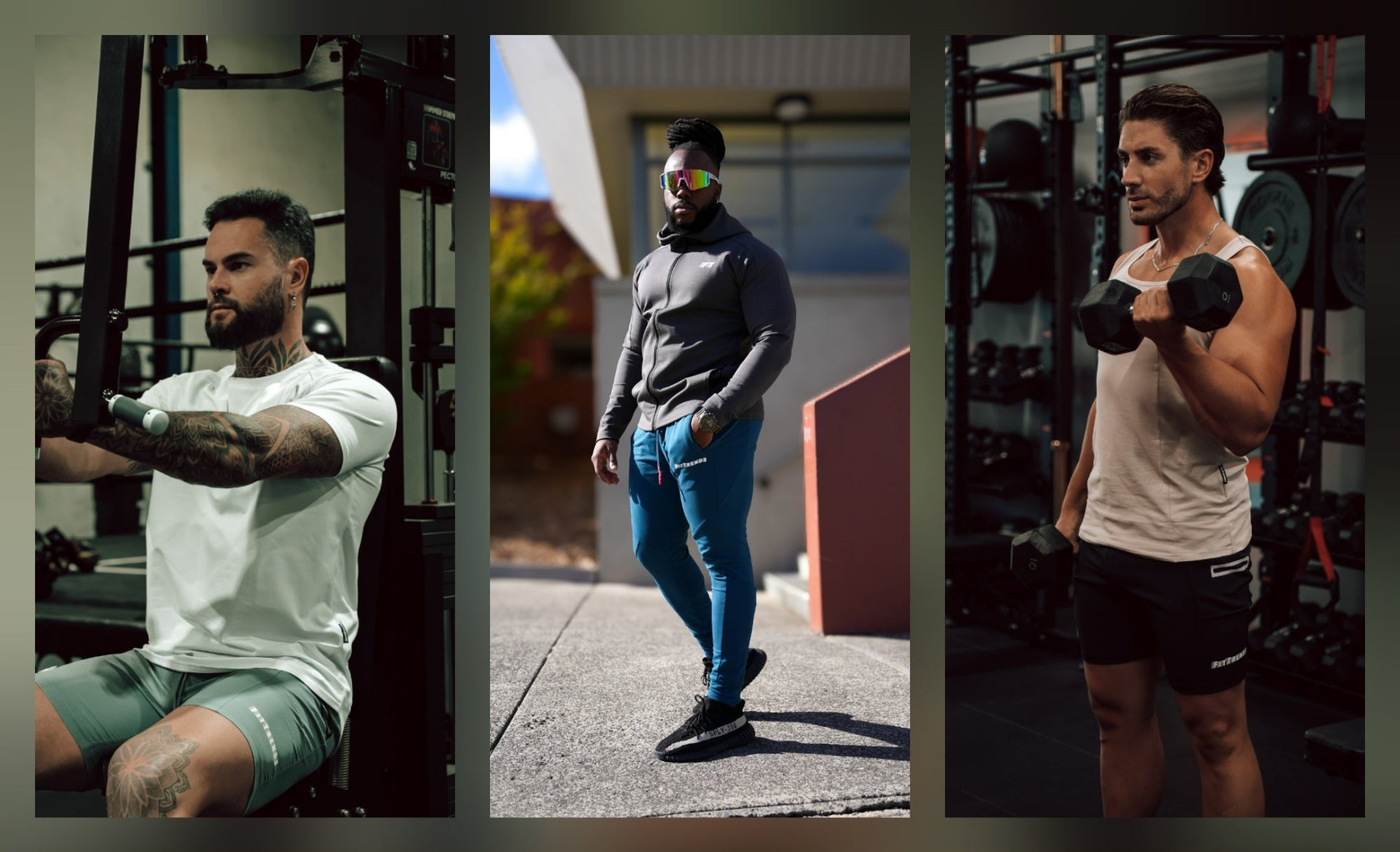 Collage of four men in different gym settings, each performing different exercises.