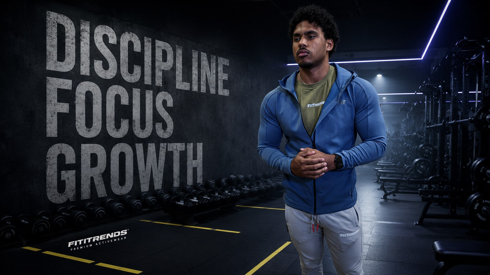 Man in a gym with 'Discipline Focus Growth' text and Fititrends logo.