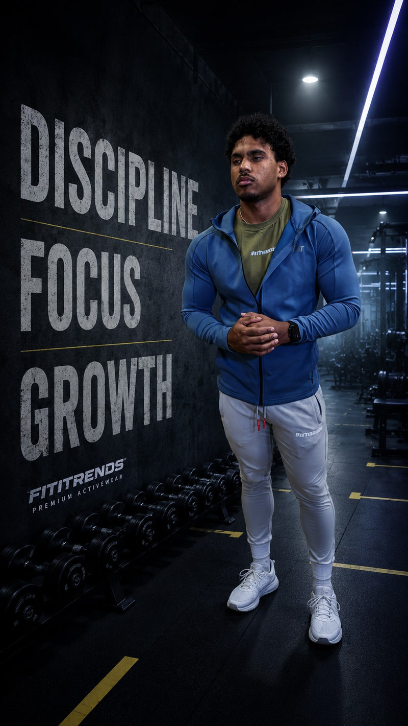 Person in athletic wear standing in a gym with motivational wall text