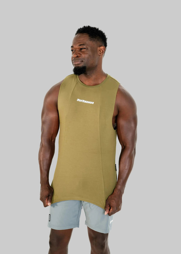 Man wearing a green sleeveless shirt with a logo on a white background