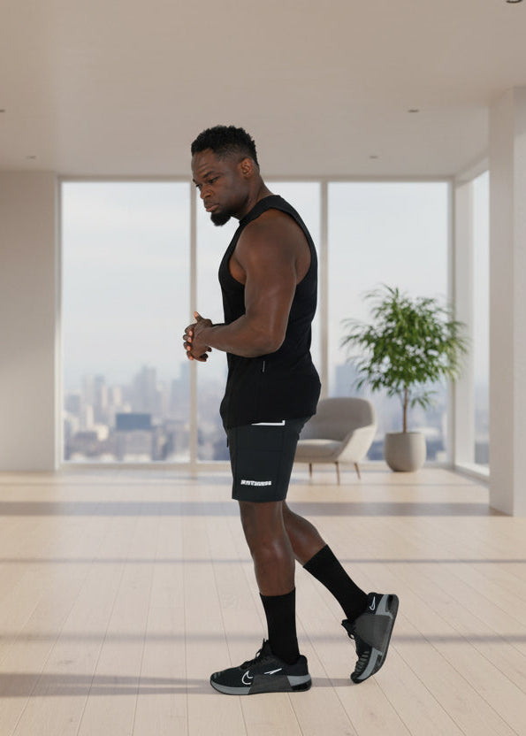 Man in black athletic wear standing against a white background