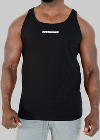 Man wearing a black tank top and gray shorts with a red bandana on a white background