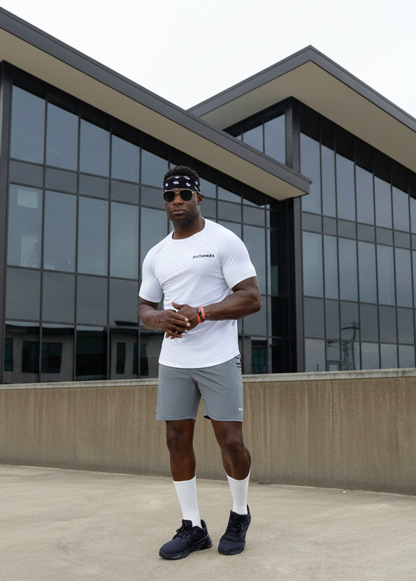 Man in athletic wear standing in front of a modern building