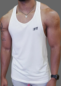 Person wearing a white tank top with a logo on a gray background