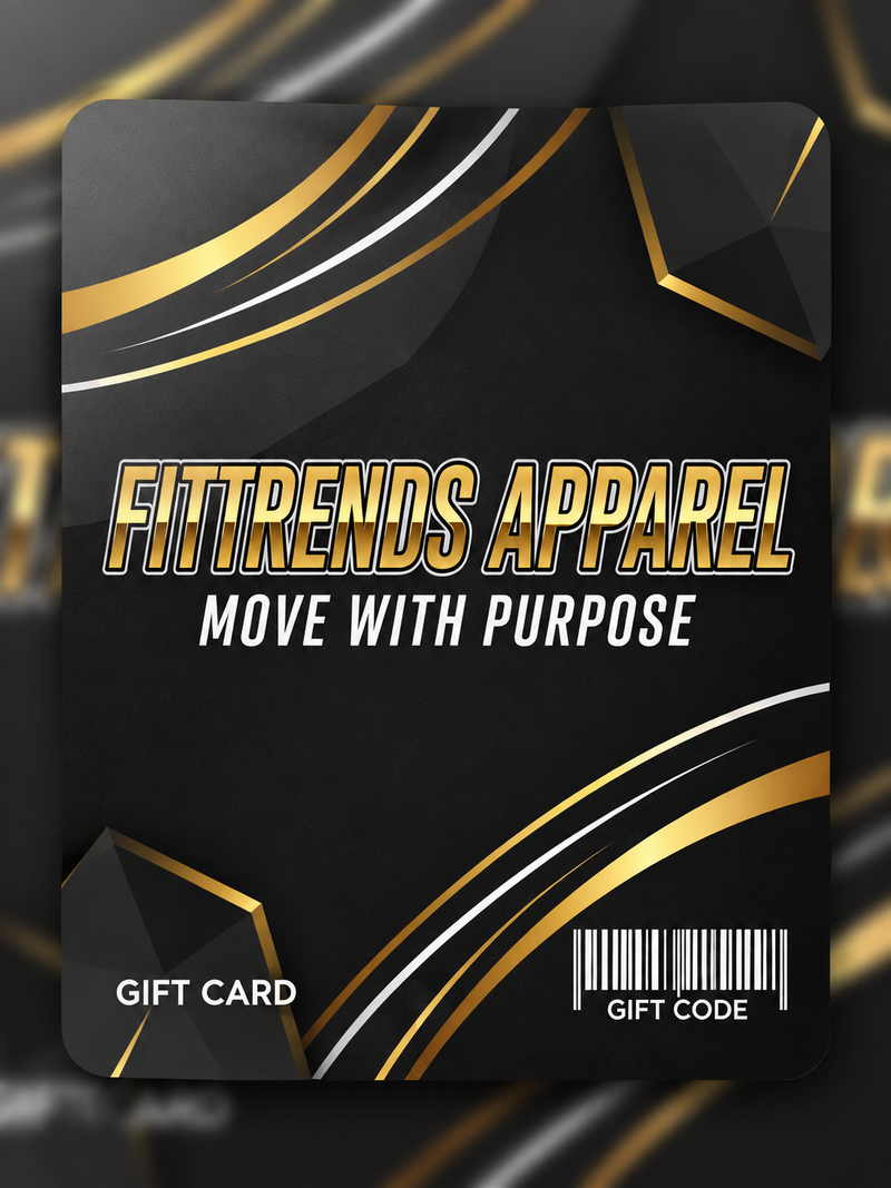 A black gift card with gold and white geometric accents, featuring the text 'FITTRENDS APPAREL' and 'MOVE WITH PURPOSE', plus 'GIFT CARD' and a barcode near the bottom.