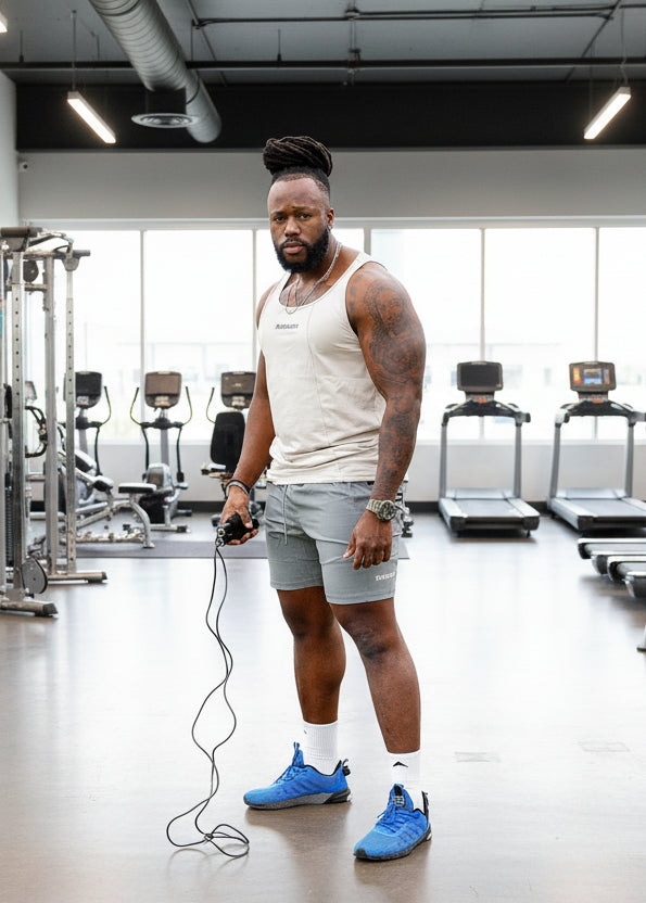 Man in athletic wear with jump rope on grassy field