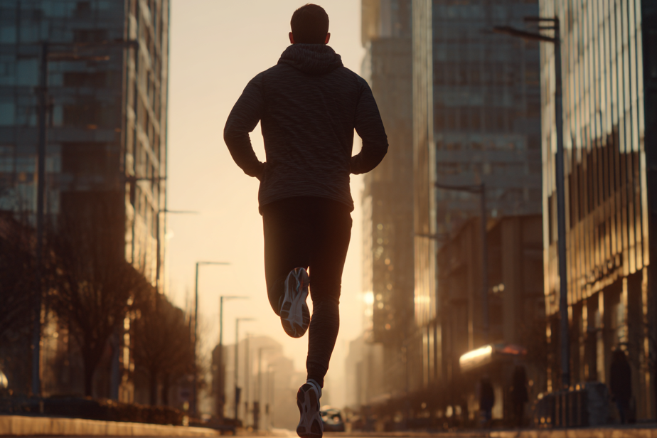 Person running on a city street with tall buildings in the background