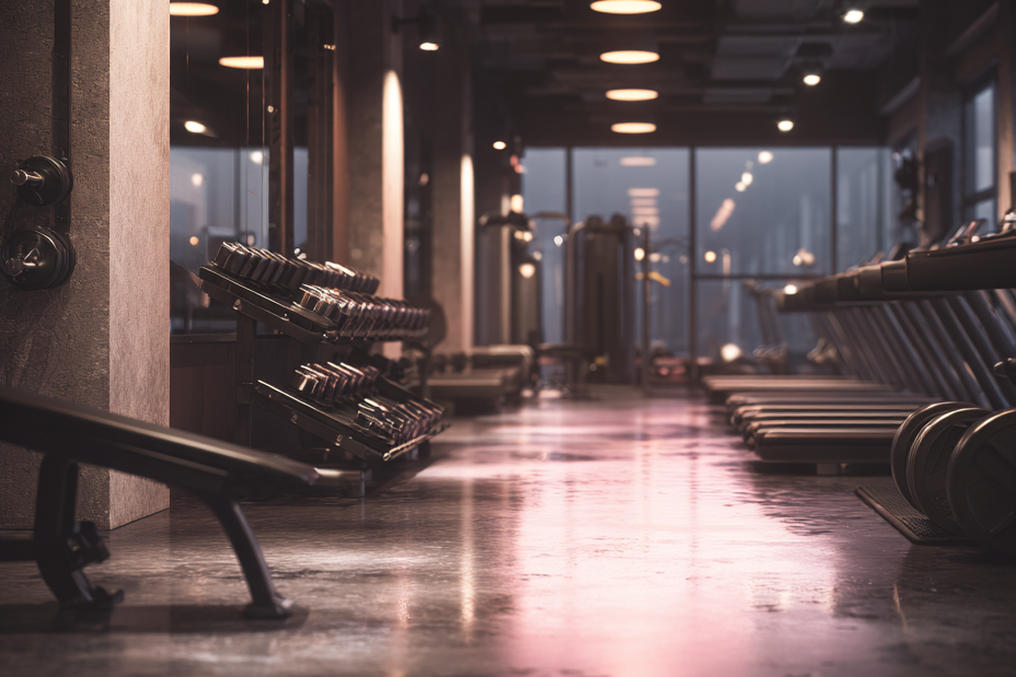 Long, dimly lit hallway with benches and large windows at the end.